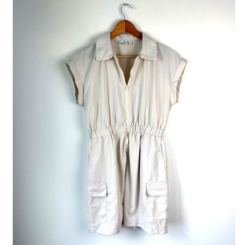 Sadie & Sage Utility Dress Beige Collar Zip Front Cargo Pockets Women Size Small